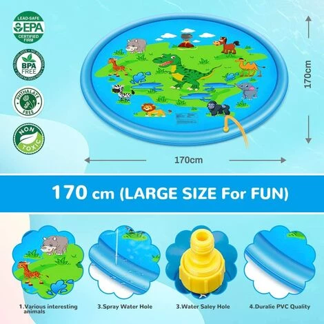 SUPERMARKET Tapis Enfant De Jet D'eau, Tapis De Piscine à Jet D'eau De 170 Cm Avec Motif De Dinosaure, Jeux Et Jouets D'extérieur Gonflables En PVC Durable, Tapis De Jeu Splash Water Splash,Superma 4 SUPERMARKET Tapis Enfant De Jet D'eau, Tapis De Piscine à Jet D'eau De 170 Cm Avec Motif De Dinosaure, Jeux Et Jouets D'extérieur Gonflables En PVC Durable, Tapis De Jeu Splash Water Splash,Superma – Image 2