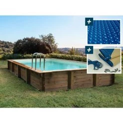 HABITAT ET JARDIN Piscine Bois En Kit Rectangle " Murano " - 12.20 X 6.20 X 1.44 M - Bâche à Bulles 400 µ - Bâche Hiver 280 G/m²