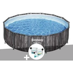 Kit Piscine Tubulaire Ronde Bestway Steel Pro Max Décor Bois, 4,27 X 1,07 M + Kit De Traitement Au Chlore