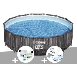 Kit Piscine Tubulaire Ronde Bestway Steel Pro Max Décor Bois, 4,27 X 1,07 M + Kit De Traitement Au Chlore + Kit D'entretien Deluxe