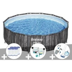Kit Piscine Tubulaire Ronde Bestway Steel Pro Max Décor Bois, 4,27 X 1,07 M + 6 Cartouches De Filtration + Kit De Traitement Au Chlore + Kit D'entretien Deluxe
