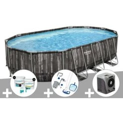 Kit Piscine Tubulaire Ovale Bestway Power Steel Décor Bois 6,10 X 3,66 X 1,22 M + Kit De Traitement Au Chlore + Kit D'entretien Deluxe + Pompe à Chaleur