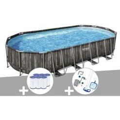 Kit Piscine Tubulaire Ovale Bestway Power Steel Décor Bois 7,32 X 3,66 X 1,22 M + 6 Cartouches De Filtration + Kit D'entretien Deluxe