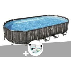 Kit Piscine Tubulaire Ovale Bestway Power Steel Décor Bois 7,32 X 3,66 X 1,22 M + Kit De Traitement Au Chlore