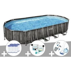 Kit Piscine Tubulaire Ovale Bestway Power Steel Décor Bois 7,32 X 3,66 X 1,22 M + 6 Cartouches De Filtration + Kit De Traitement Au Chlore + Kit D'entretien Deluxe