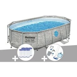 Kit Piscine Tubulaire Ovale Bestway Power Steel SwimVista Avec Hublots 4,27 X 2,50 X 1,00 M + 6 Cartouches De Filtration + Kit D'entretien Deluxe