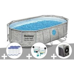 Kit Piscine Tubulaire Ovale Bestway Power Steel SwimVista Avec Hublots 4,27 X 2,50 X 1,00 M + 6 Cartouches De Filtration + Kit De Traitement Au Chlore + Pompe à Chaleur