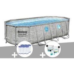 Kit Piscine Tubulaire Ovale Bestway Power Steel SwimVista Avec Hublots 5,49 X 2,74 X 1,22 M + 6 Cartouches De Filtration + Kit De Traitement Au Chlore