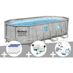 Kit Piscine Tubulaire Ovale Bestway Power Steel SwimVista Avec Hublots 5,49 X 2,74 X 1,22 M + 6 Cartouches De Filtration + Kit De Traitement Au Chlore + Kit D'entretien Deluxe