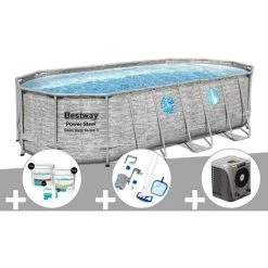 Kit Piscine Tubulaire Ovale Bestway Power Steel SwimVista Avec Hublots 5,49 X 2,74 X 1,22 M + Kit De Traitement Au Chlore + Kit D'entretien Deluxe + Pompe à Chaleur