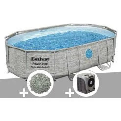 Kit Piscine Tubulaire Ovale Bestway Power Steel SwimVista Avec Hublots 4,88 X 3,05 X 1,07 M + 10 Kg De Zéolite + Pompe à Chaleur