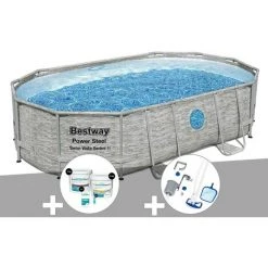 Kit Piscine Tubulaire Ovale Bestway Power Steel SwimVista Avec Hublots 4,88 X 3,05 X 1,07 M + Kit De Traitement Au Chlore + Kit D'entretien Deluxe