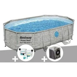 Kit Piscine Tubulaire Ovale Bestway Power Steel SwimVista Avec Hublots 4,88 X 3,05 X 1,07 M + Kit De Traitement Au Chlore + Pompe à Chaleur