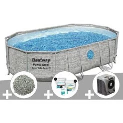 Kit Piscine Tubulaire Ovale Bestway Power Steel SwimVista Avec Hublots 4,88 X 3,05 X 1,07 M + 10 Kg De Zéolite + Kit De Traitement Au Chlore + Pompe à Chaleur