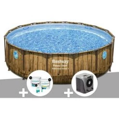 Kit Piscine Tubulaire Ronde Bestway Power Steel Avec Hublots 4,88 X 1,22 M + Kit De Traitement Au Chlore + Pompe à Chaleur