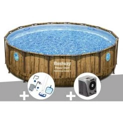 Kit Piscine Tubulaire Ronde Bestway Power Steel Avec Hublots 4,88 X 1,22 M + Kit D'entretien Deluxe + Pompe à Chaleur