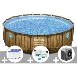Kit Piscine Tubulaire Ronde Bestway Power Steel Avec Hublots 4,88 X 1,22 M + 6 Cartouches De Filtration + Kit De Traitement Au Chlore + Pompe à Chaleur