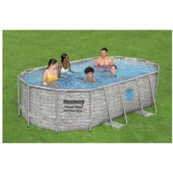 Pack BESTWAY Piscine Tubulaire Ovale - SwimVista - 427 X 250 X 100 Cm - Motif Rotin - Robot Aspirateur Autonome Frisbee - Kit De Traitement De L'eau - Gris -Piscine Soldes Boutique 55525077 2