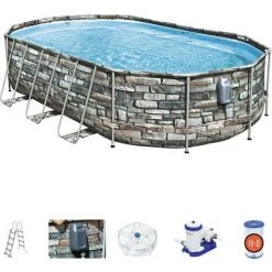 Piscine Hors-sol Tubulaire Bestway Power Steel Oval Imitation Pierre 610x366x122 Cm Épurateur à Cartouche De 9 463 L/H Échelle