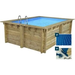 HABITAT ET JARDIN Piscine Bois Rectangle " Caimans " - 4.10 X 3.00 X 1.24 M + Bâche à Bulles 180 µ - Bâche Hiver 280 G/m²
