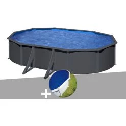 Kit Piscine Acier Gris Anthracite Gré Louko Ovale 6,34 X 3,99 X 1,22 M + Bâche à Bulles - Anthracite