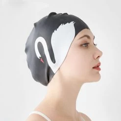BENOBBY KIDS Bonnet De Bain Pour Femme, Bonnet De Bain En Silicone Pour Femme, Bonnet De Bain Imperméable Pour Cheveux Longs, Convient Aux Femmes Et Aux Filles, Style Cygne à Fond Noir