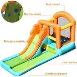 COSTWAY Château Gonflable/Château Et Aire De Jeux Gonflable Avec Toboggan Aquatique/Aire De Saut Fait En Polyester-Convient Pour 3 Enfants De 3 à 10 Ans -Capacité De Charge Max. 90 Kg Sans Souffleur -Piscine Soldes Boutique 58265567 3