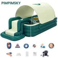 MERKMAK Piscine Gonflable , Piscine Baignoire Pliable Enfant Adulte 485x175x125cm Pour Jardin + Glisser + Auvent + Jouet + Gonfleur