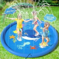 LTS FAFA Tapis Enfant De Jet D'eau 170CM PVC Tapis De Pulvérisation D'éclaboussure D'eau Piscine De Jeux Natte Et Avec Jet Fontaine Pour Enfant,Splash Sprinkle Play Pad Mat Garçons Et Filles (Bleu)
