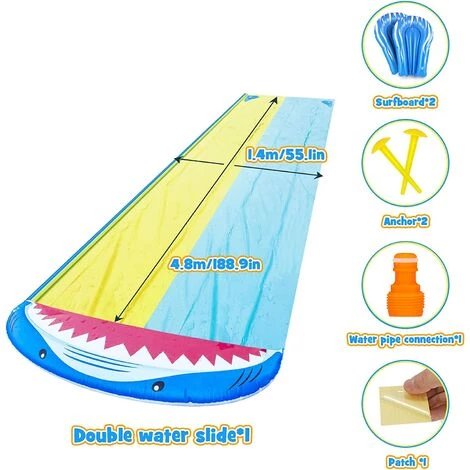 AOUGO Tapis De Glisse à Eau, 4.8 X 1.4M Forme De Requin Double Toboggan Gonflable Piscine,Tapis Eau Avec 2 Planches De Bodyboard ,Pelouse De Jardin Extérieur Water Slip And Slide 4 AOUGO Tapis De Glisse à Eau, 4.8 X 1.4M Forme De Requin Double Toboggan Gonflable Piscine,Tapis Eau Avec 2 Planches De Bodyboard ,Pelouse De Jardin Extérieur Water Slip And Slide – Image 2