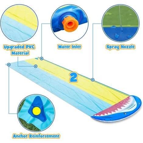 AOUGO Tapis De Glisse à Eau, 4.8 X 1.4M Forme De Requin Double Toboggan Gonflable Piscine,Tapis Eau Avec 2 Planches De Bodyboard ,Pelouse De Jardin Extérieur Water Slip And Slide 6 AOUGO Tapis De Glisse à Eau, 4.8 X 1.4M Forme De Requin Double Toboggan Gonflable Piscine,Tapis Eau Avec 2 Planches De Bodyboard ,Pelouse De Jardin Extérieur Water Slip And Slide – Image 4