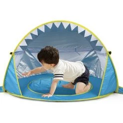 BAICCCF Piscine Enfant Tente De Plage Pour Bébé Blue-Pop Up Avec Piscine, Tente Abri Solaire Requin Portable Avec Protection UPF UV 50+ Pour Tout-petit âgé De 3 à 72 Mois