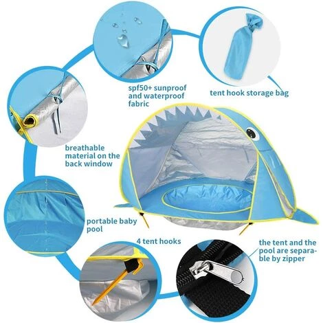 BAICCCF Piscine Enfant Tente De Plage Pour Bébé Blue-Pop Up Avec Piscine, Tente Abri Solaire Requin Portable Avec Protection UPF UV 50+ Pour Tout-petit âgé De 3 à 72 Mois 6 BAICCCF Piscine Enfant Tente De Plage Pour Bébé Blue-Pop Up Avec Piscine, Tente Abri Solaire Requin Portable Avec Protection UPF UV 50+ Pour Tout-petit âgé De 3 à 72 Mois – Image 4