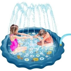 OSQI Tapis De Jeu à Eau Saupoudrée Et éclaboussée, 170 Cm/68 Pouces Bleu Durable Gonflable Portable Pour Enfants, Pataugeoire Antidérapante Pour Jardin Extérieur Et Plage Pour Enfants Tout-petits,B