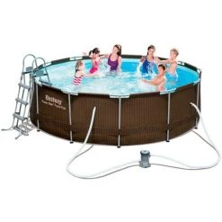 Piscine Hors Sol Tubulaire Bestway Power Steel Ronde Ø427x122 Cm Épurateur à Cartouche Bâche, Échelle